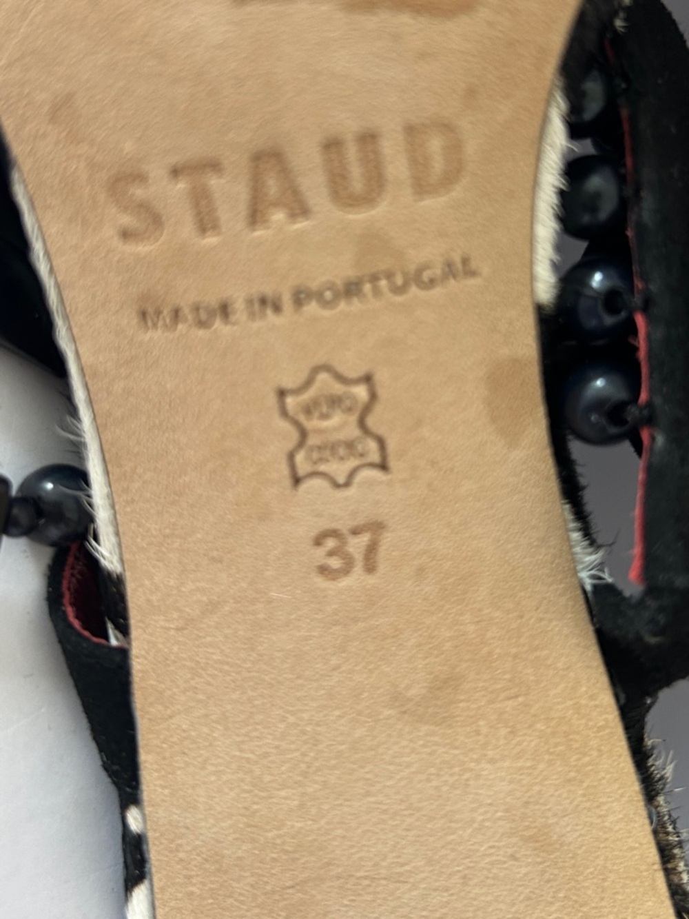 STAUD Raoule Zebra Beaded Fringe Heels Mules Calf Hair Shoes EU37 US Size 7 - Picture 8 of 9